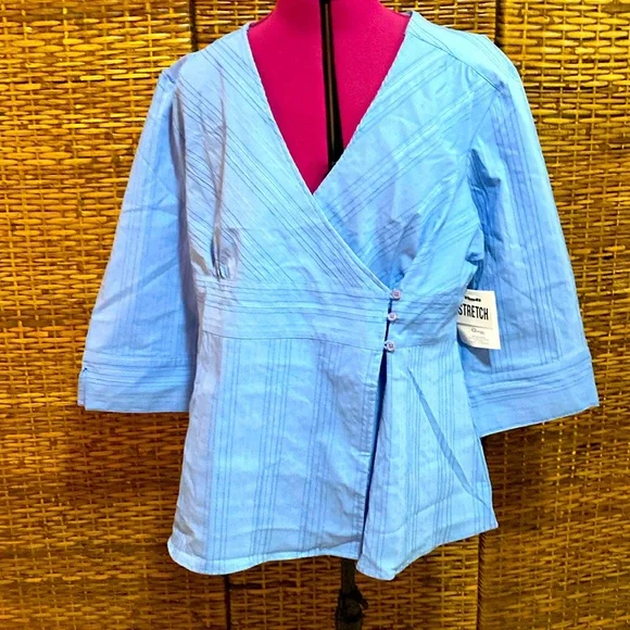 NWT Quizz Woman Stretch Blue wrap, textured stripe 3/4 sleeve top blouse 20 W - Picture 1 of 9